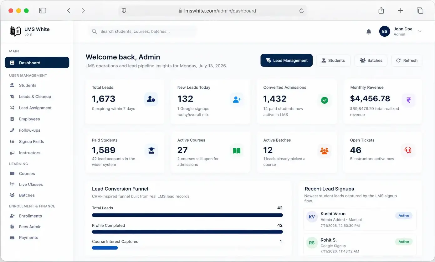 LMS White white-label LMS admin dashboard on web